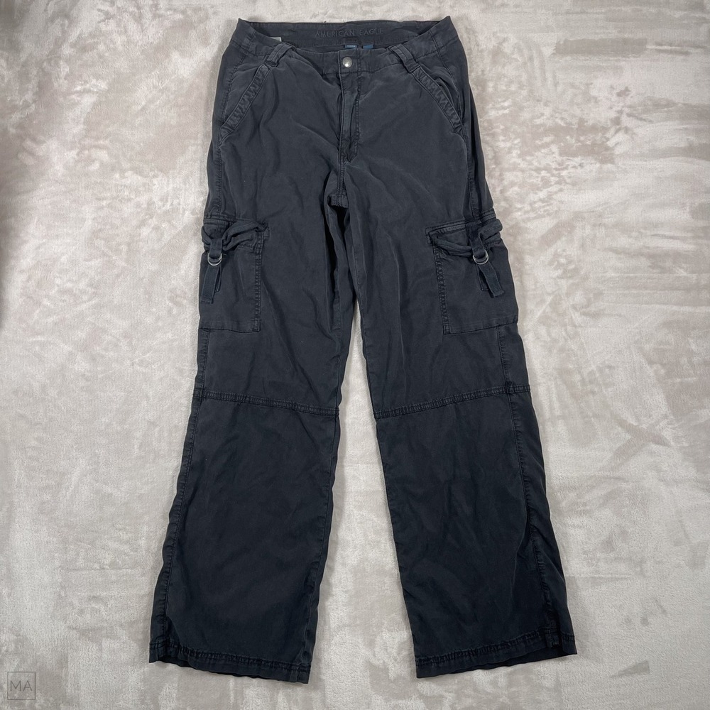 American Eagle Women's Pants Super High Rise Baggy Wide Leg Cargo 8 Long Black